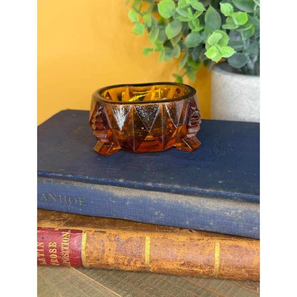 Vintage Amber Glass Salt Cellar Art Deco Faceted Footed Trinket Dish Oval